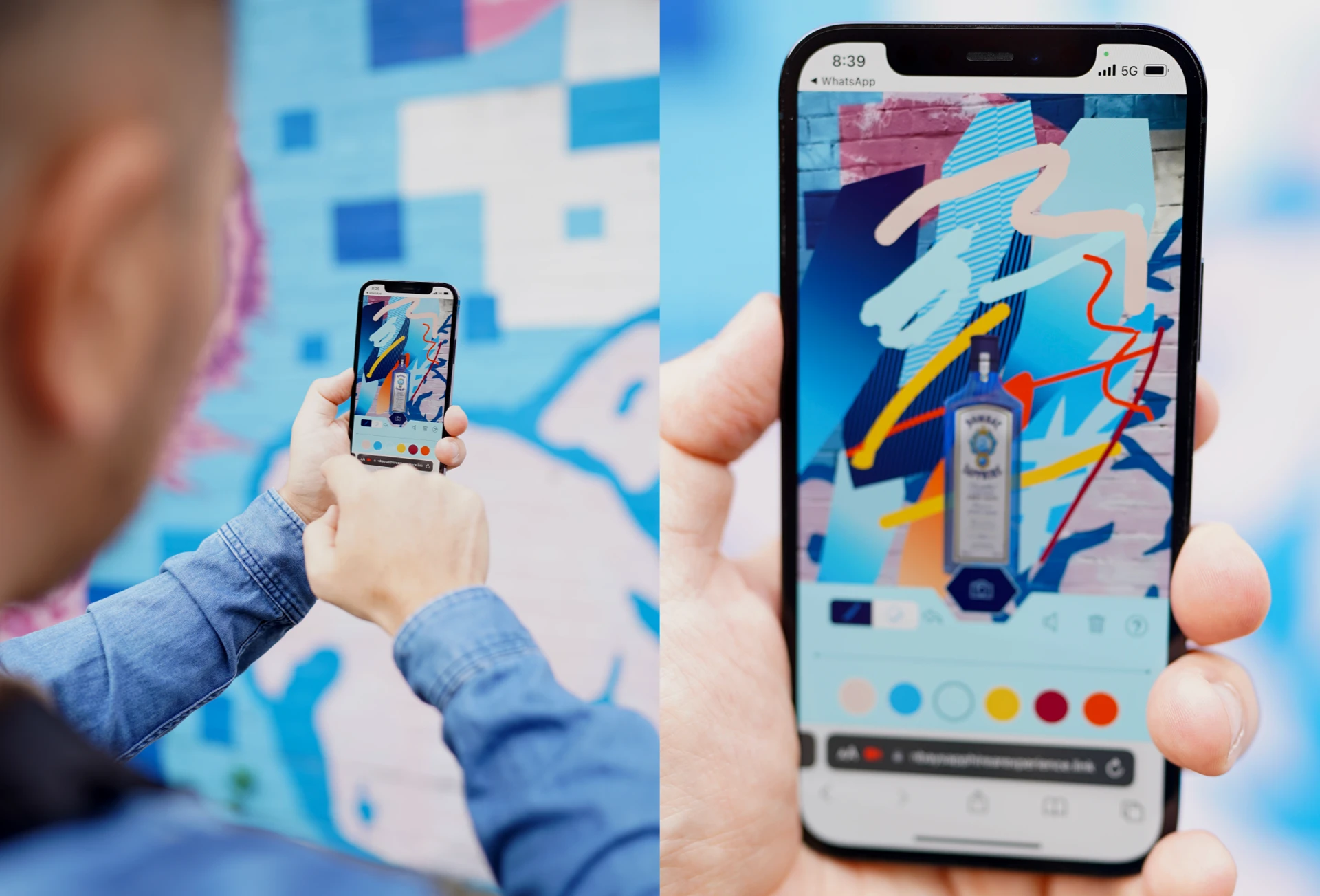 Visitor painting a virtual Bombay Sapphire bottle in augmented reality